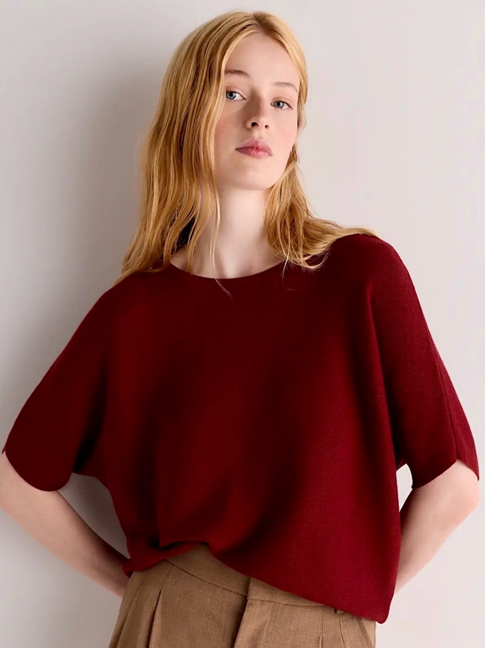 NWT - Quince Lightweight Cotton Cashmere Dolman Sweater in Deep Brick Red - M